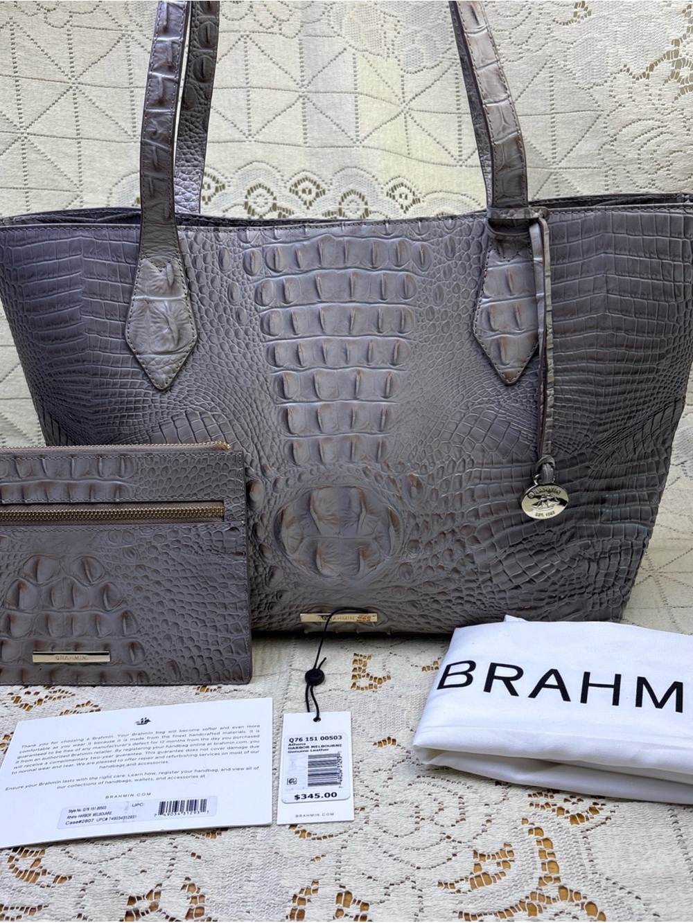 Brahmin Large Tote With Matching Pouch Falcon Grey Athena Harbour Melbourne